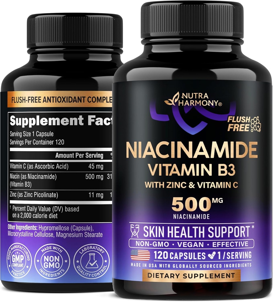 Niacinamide 500 mg - Vitamin B3 Flush-free Form Niacinamide Supplement - Υγιεινή Διαυγής Δερμάτινη & Αντιοξειδωτική Υποστήριξη - με ψευδάργυρο & Βιταμίνη C - Εργαστήριο Ελεγμένο, Vegan & NON-GMO - Κατασκευασμένο στις ΗΠΑ - 120 Κάψουλες