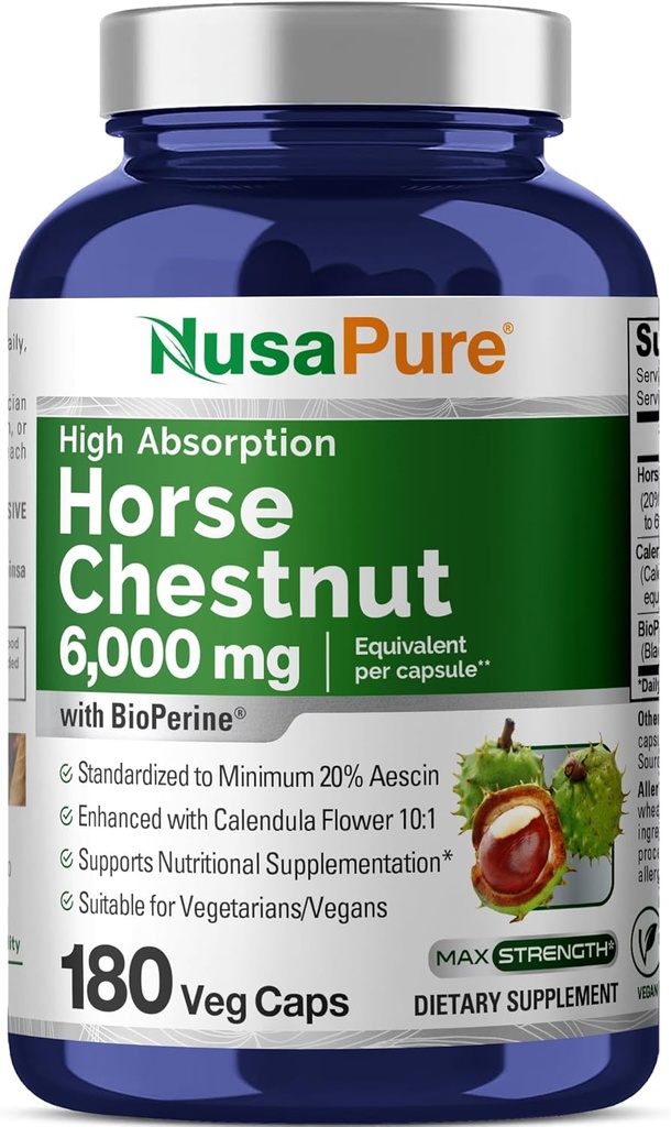 NusaPure Horse Chestnut 20:1 Extract, 300 mg Equivalent to 6,000mg 180 Veggie Caps Non-GMO, Vegan, BioPerine, Calendula Flower