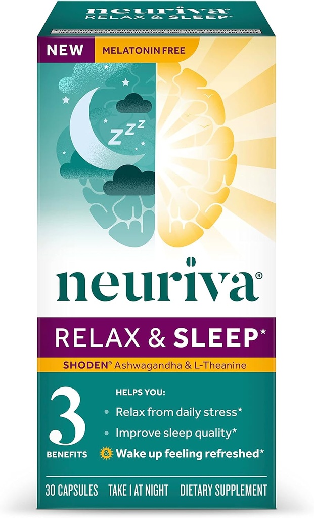 NEURIVA Melatonin Δωρεάν φυσικό συμπλήρωμα βοήθειας ύπνου με L-Θεανίνη για να σας βοηθήσει να χαλαρώσετε & Ashwagandha για να υποστηρίξει την αποκατάσταση του ύπνου ώστε να μπορείτε να ξυπνήσετε αίσθηση ανανεωμένο, 30ct κάψουλες