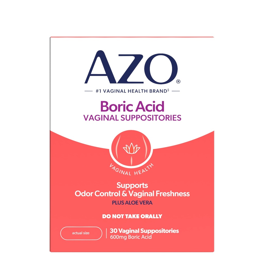 AZO® Boric Acid Vaginal Suppositories for Women, Helps Support Odor Control with Clinically Studied Boric Acid, Non-GMO, 30 Count