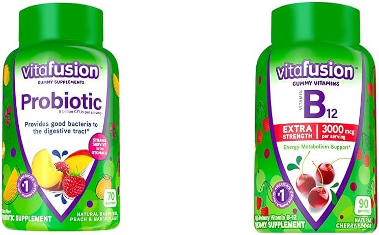 Vitafusion Probiotic Gummy Συμπληρώματα, Βατόμουρο, Ροδάκινο και Mango Γεύσεις & Επιπλέον δύναμη Βιταμίνη Β12 Gummy Βιταμίνες