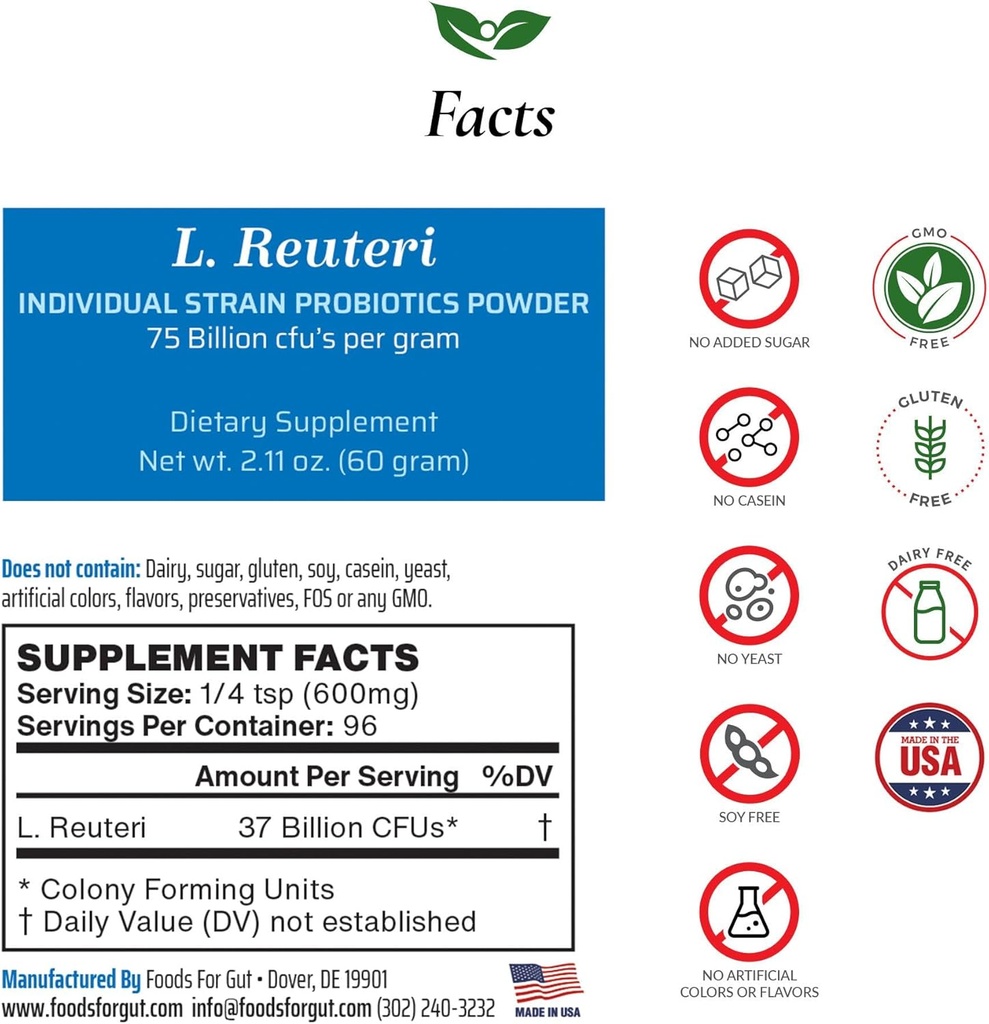 Lactobacillus Reuteri Probiotic Powder 75 Billion cfu's | Made in USA | No Additives | Direct from Manufacturer | No Third-Party Storage | Digestive & Immune Support | L. Reuteri | 60 Grams (2.11 OZ)