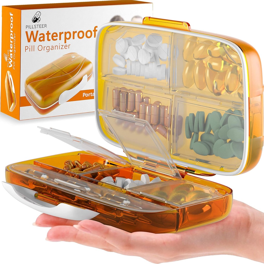 Travel Pill Organizer Medicine Dispenser - Moisture-Proof Pill Boxes and Organizer - Φορητός κάτοχος δοχείου βιταμίνης - 8 Μεγάλα διαμερίσματα για φαρμακευτική αγωγή και συμπληρώματα
