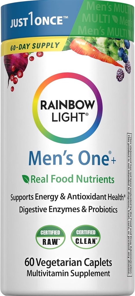 Rainbow Light Mens One Multivitamin, Men's Daily Multivitamin Provides High-Potency Immune Support, With Vitamin C, Vitamin D and Zinc, Vegetarian, 60 Count
