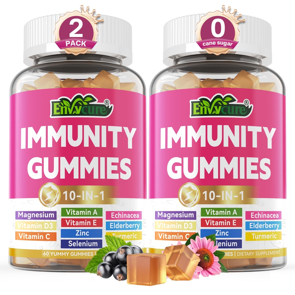 10 in 1 Immune Support Supplement Gummies, w/Echinacea, Elderberry Vitamin C and Zinc, Selenium, Vitamin D3 5000IU, Magnesium, Daily Immune Booster Multivitamin, for Antioxidant Bone Energy, 2 Pack