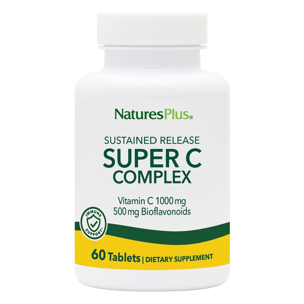 NaturesPlus Super C Complex, Παρατεταμένη απελευθέρωση - 60 δισκία - 1000mg Βιταμίνη C + 500mg Βιοφλαβονοειδή - Χορτοφαγικά, Χωρίς Γλουτένη - 60 Σερβιέτες