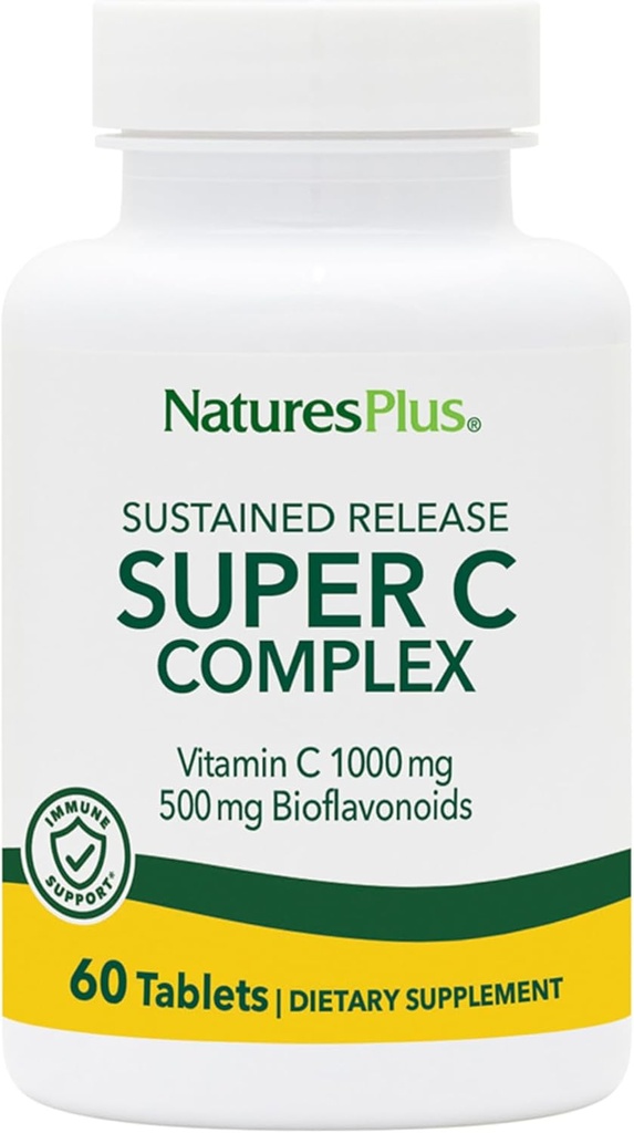 NaturesPlus Super C Complex, Παρατεταμένη απελευθέρωση - 60 δισκία - 1000mg Βιταμίνη C + 500mg Βιοφλαβονοειδή - Χορτοφαγικά, Χωρίς Γλουτένη - 60 Σερβιέτες
