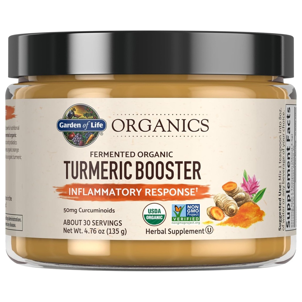 Garden of Life Organics Turmeric Booster Φλεγμονώδης Ανταπόκριση σε σκόνη - 30 Σερβιέτες, 50mg Κουρκουμίνη (95% Κουρκουμινοειδή) & Προβιοτικά, Βιολογικά Μη-ΓΤΟ Vegan & Γλουτένη χωρίς φυτικά συμπληρώματα