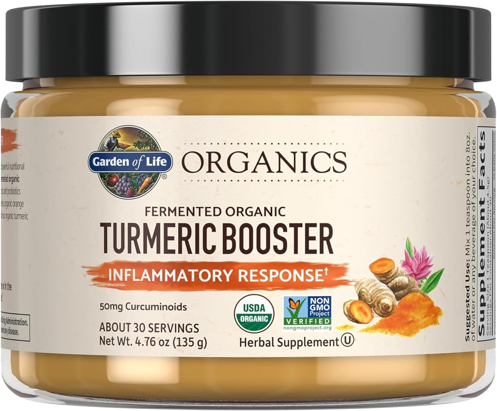 Garden of Life Organics Turmeric Booster Φλεγμονώδης Ανταπόκριση σε σκόνη - 30 Σερβιέτες, 50mg Κουρκουμίνη (95% Κουρκουμινοειδή) & Προβιοτικά, Βιολογικά Μη-ΓΤΟ Vegan & Γλουτένη χωρίς φυτικά συμπληρώματα