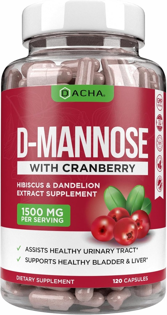 Φυσικές κάψουλες D- Mannose 4-σε-1 Formula - 120 CAPS, 1500 MG Cranberry, Dandelion, εκχύλισμα λουλουδιών Hibiscus, Χάπια για την υποστήριξη της ουροδόχου κύστης και της ουρολοίμωξης υγείας