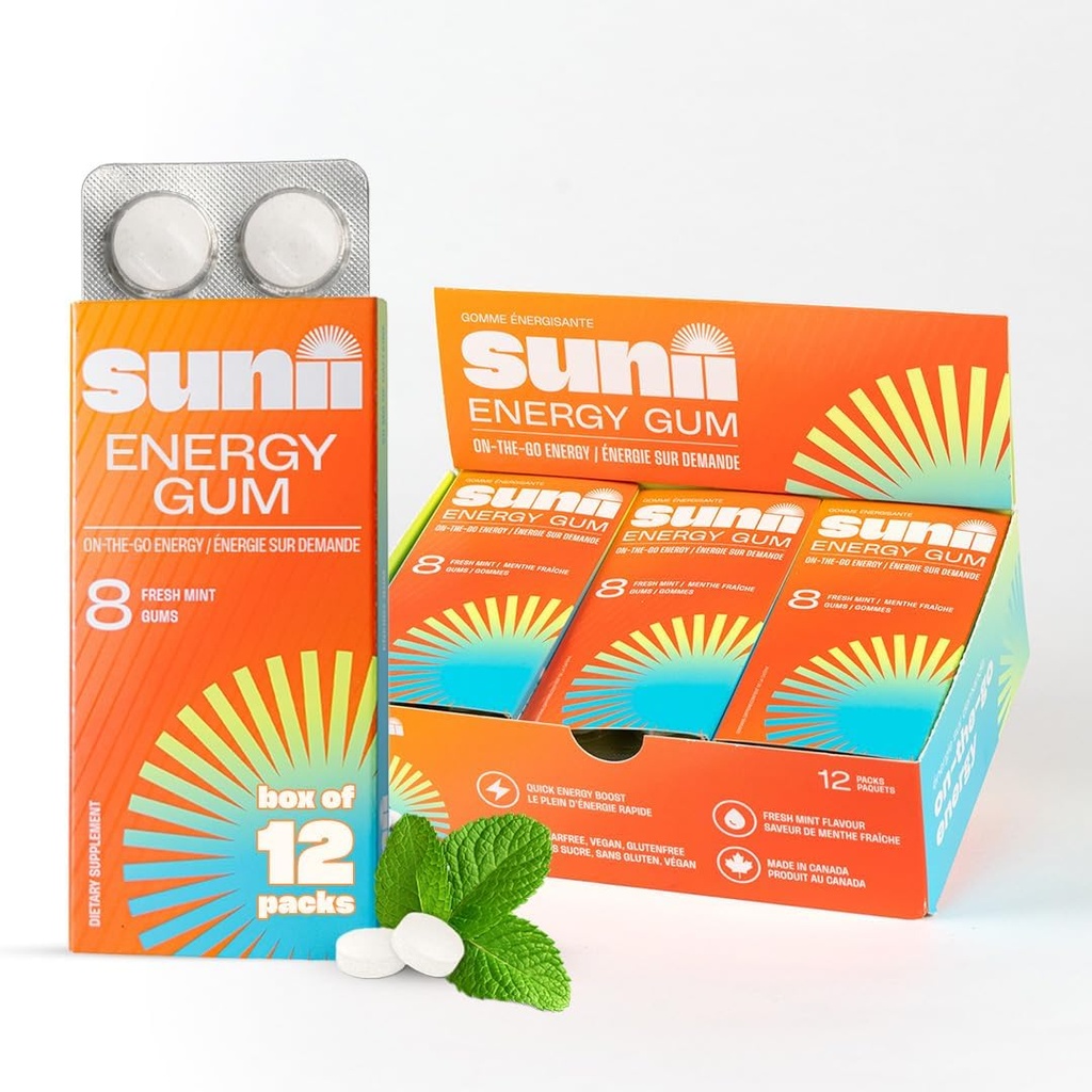 Sunii - Energy Gum - NEW Quick Boost Energy & Focus - 50mg Caffeine Gum - Βιταμίνες B6 & B12, Ταυρίνη, Vegan, Όχι Ζάχαρη, Μηδέν θερμίδες, Φρέσκια γεύση μέντας - Γρηγορότερα από μάσημα, ποτά, τζελ & χάπια (96pcs)