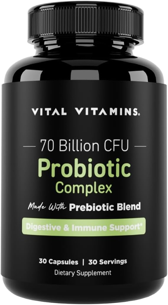 Vital Vitamins Probiotic Complex for Men & Women - 70 Billion CFU - Made with Prebiotic Blend - Digestive, Gut Health, & Immune Support - Powerful Blend of 10 Strains - 30 Capsules
