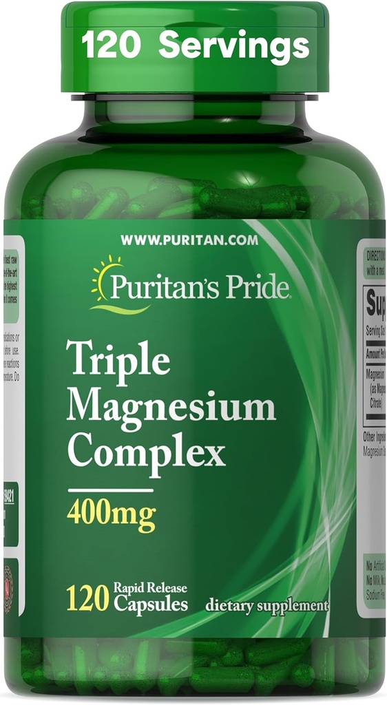 Puritan's Pride Triple Magnesium Complex με οξείδιο του μαγνησίου, ασπαρτικό και κιτρικό 400mg, Συμπλήρωμα διατροφής για τους μυς, την καρδιά, τα νεύρα και την υποστήριξη των οστών, 120 κάψουλες ταχείας απελευθέρωσης