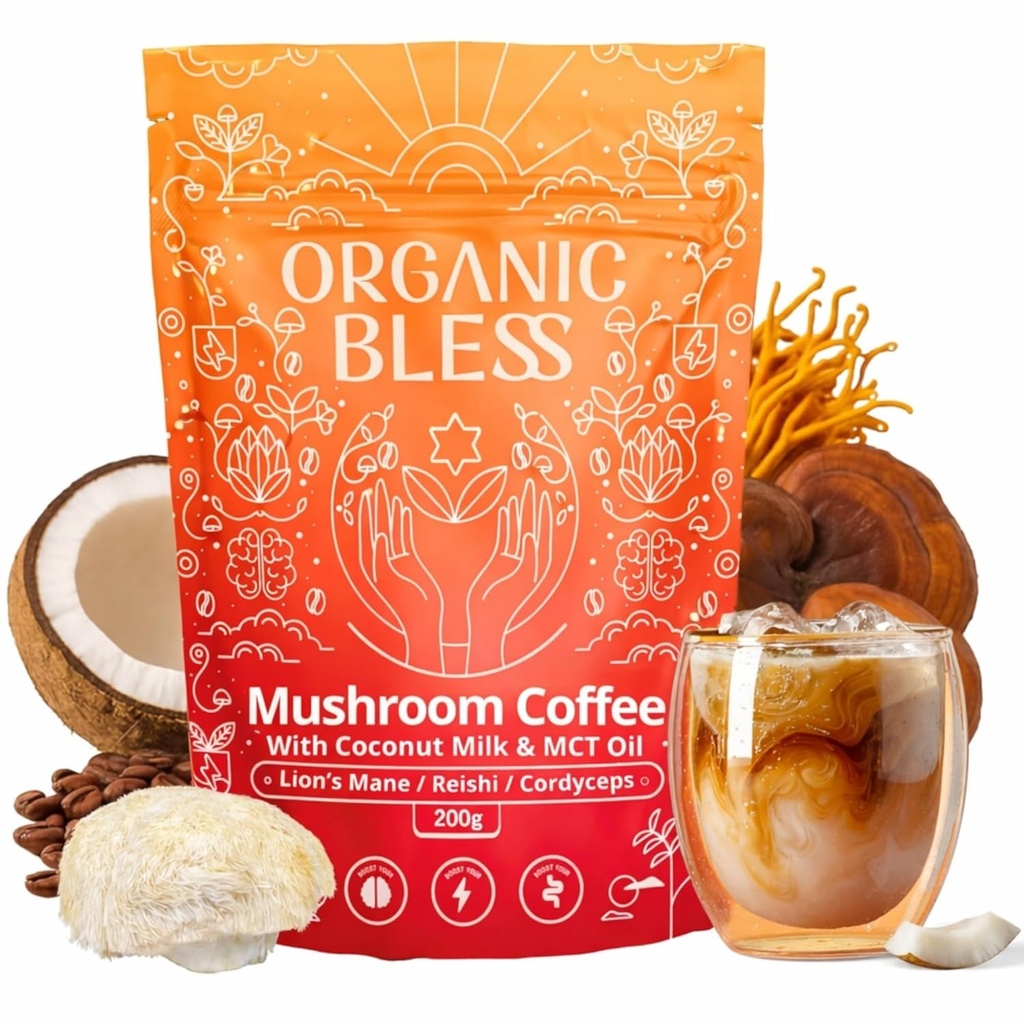Βιολογικό Bless Instant Mushroom Coffee Powder – Βιολογικό Lion’s Mane, Reishi & Cordyceps Blend για την ενέργεια, την εστίαση και την σαφήνεια – Προσαρμόσιμος καφές με το γάλα καρύδας & MCT Oil – 30 Σερβιέτες