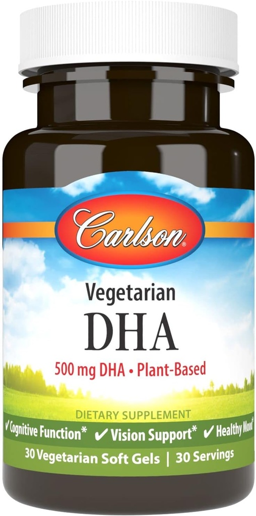 Carlson - Χορτοφαγική DHA, 500 mg DHA, Plant Based, Αειφόρα πηγάζει από τα φύκη, Brain Support, Mood Health, 30 Softgels