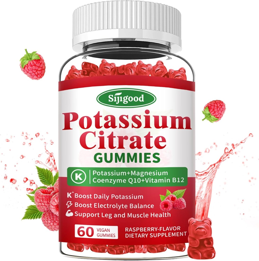 Κιτρικό κάλιο Gummies – συμπλήρωμα καλίου για την υγεία των μυών, ανάγλυφο ποδιού & ηλεκτρολυτικό ισοζύγιο, Vegan, μη Γλουτένη, χωρίς γλουτένη, άρωμα σμέουρων, 60 μέτρα