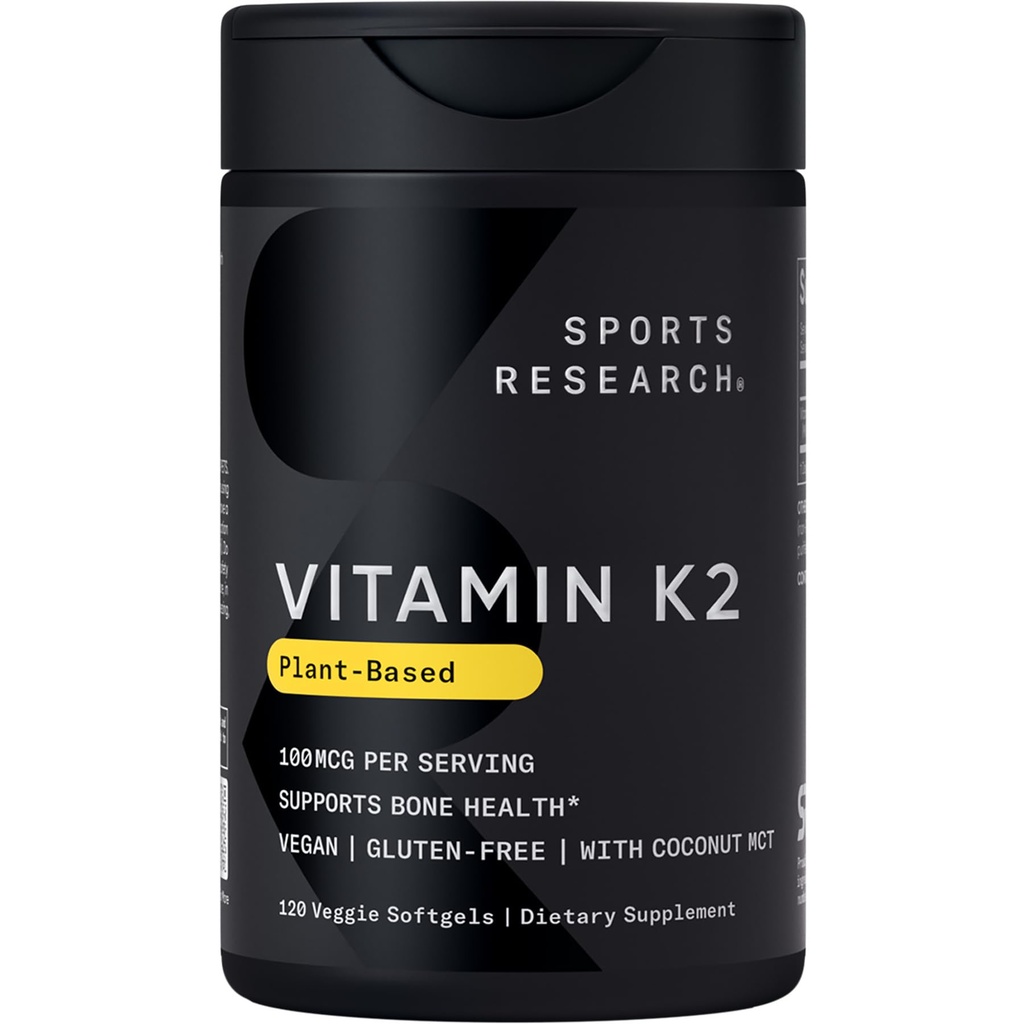Sports Research Βιταμίνη K2 ως MK-7 100mcg με λάδι καρύδας MCT - 120 Veggie Softgels (4 Μήνας προσφοράς) Vegan Πιστοποιημένο, μη ΓΤΟ Επαληθευμένο, χωρίς γλουτένη & σόγια