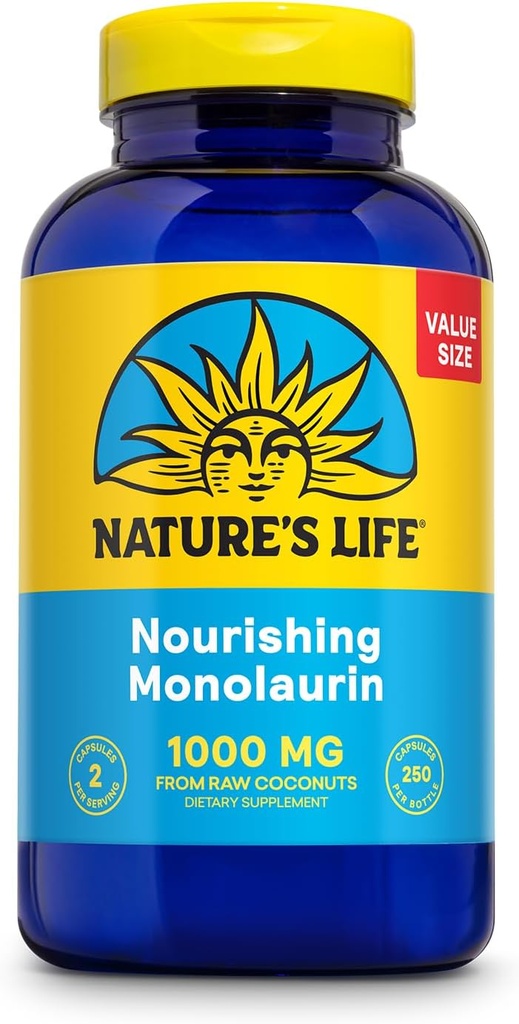 Nature's Life Monolaurin 1000 mg, Nourishing Monolaurin from Natural Raw Coconut, Immune Support Supplement, Gut Health, Balanced Gut Flora, 60-Day Εγγύηση, 125 Υπηρεσίες, 250 Κάψουλες Χορτοφαγών