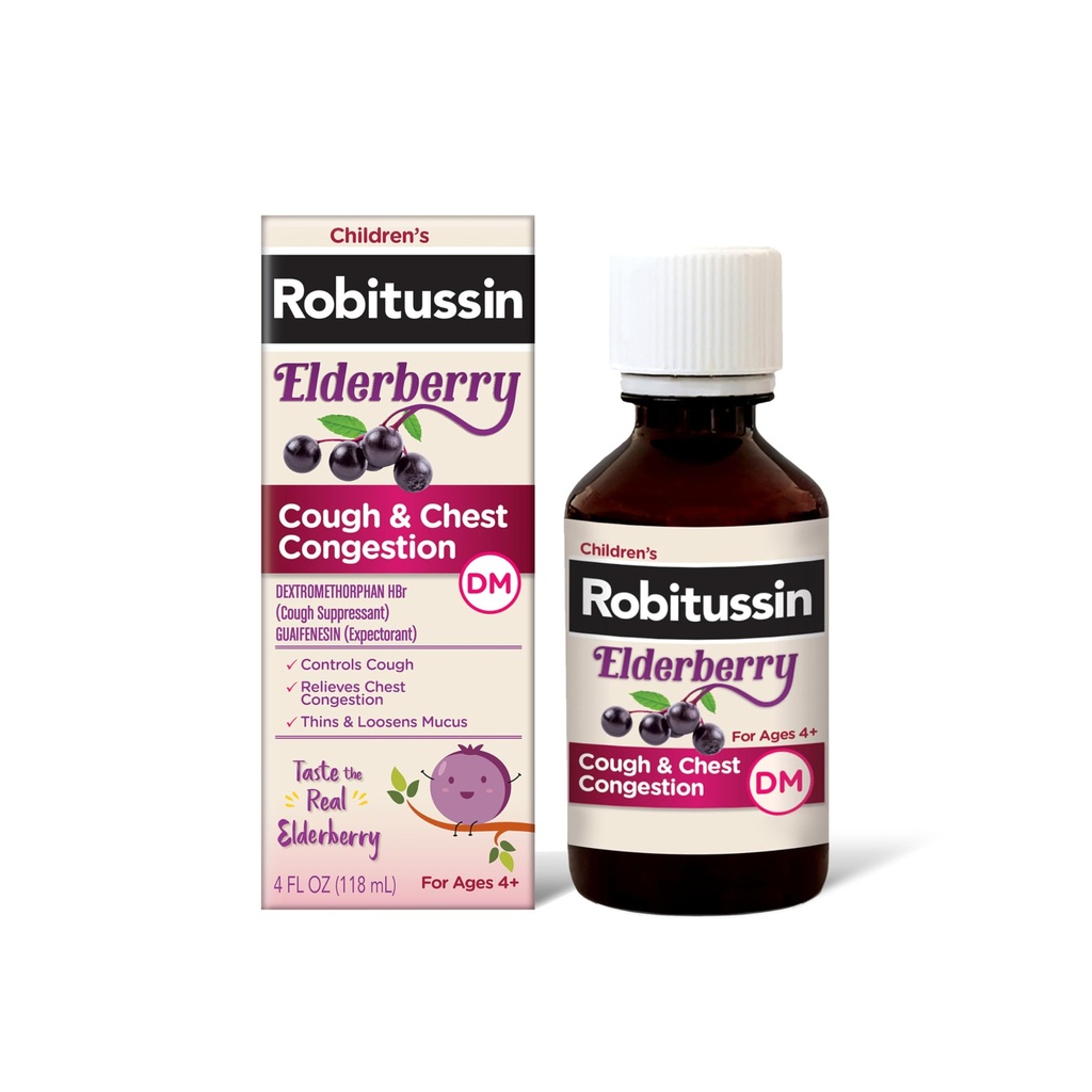 Robitussin Elderberry Βήχας + Θώρακος Συμφόρηση DM Παιδική Ιατρική Βήχας, Θήκη Συμφόρησης και Σιρόπι Βήχας - 4 Fl Oz