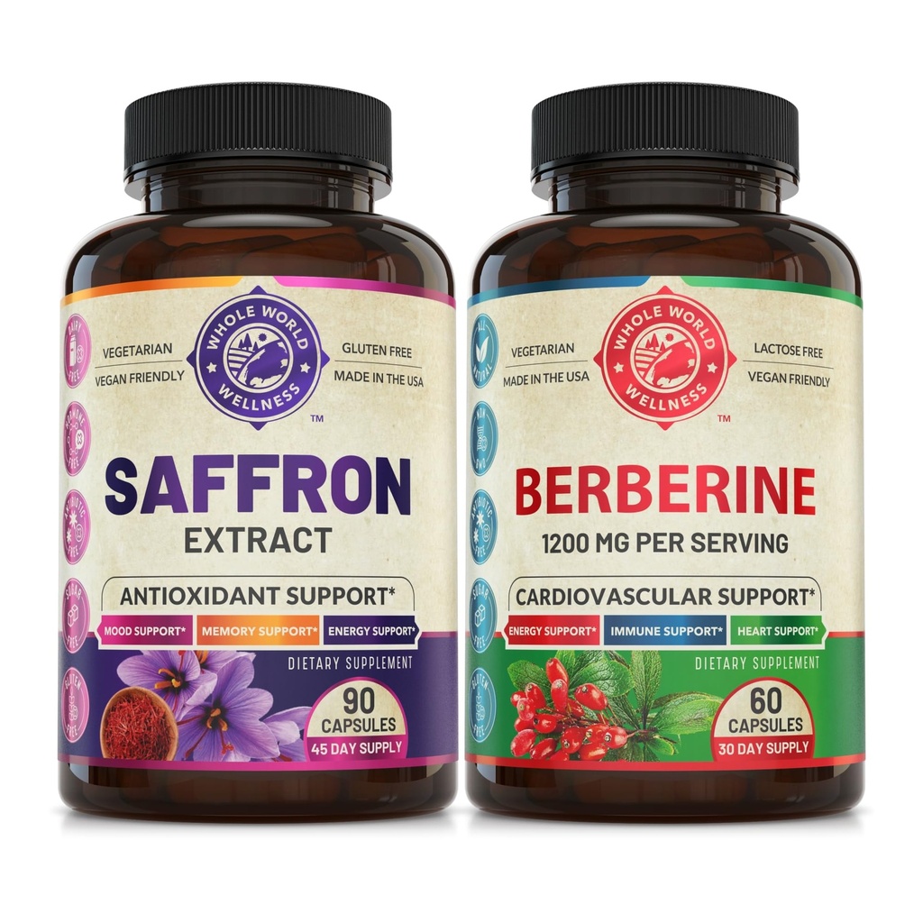 Pure Saffron Extract & Premium Berberine Bundle (Ένα μπουκάλι το καθένα). Υποστηρίζει Mood, Energy Boost, Μεταβολική λειτουργία. USA Made (στα Αγγλικά).