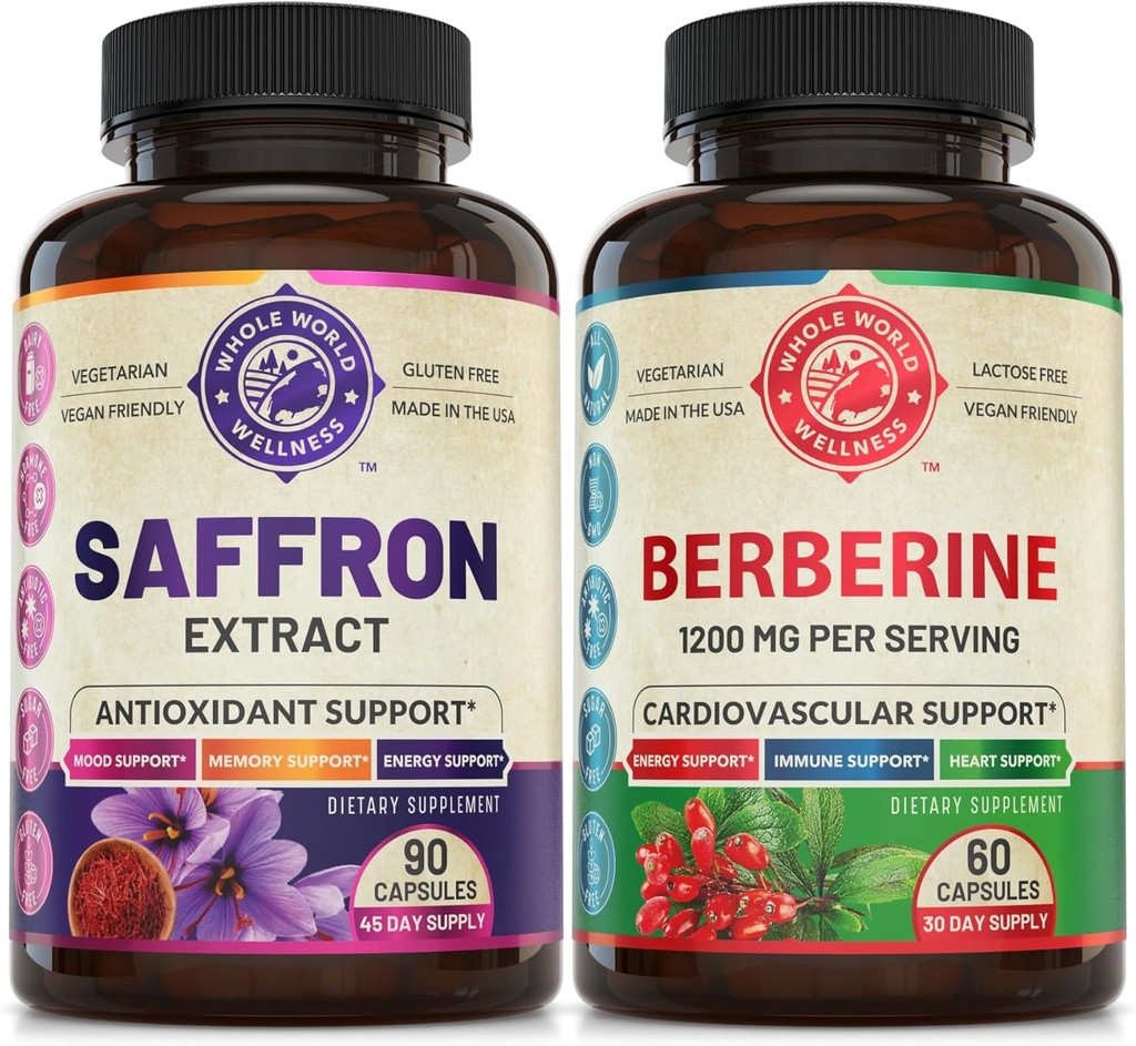 Pure Saffron Extract & Premium Berberine Bundle (Ένα μπουκάλι το καθένα). Υποστηρίζει Mood, Energy Boost, Μεταβολική λειτουργία. USA Made (στα Αγγλικά).