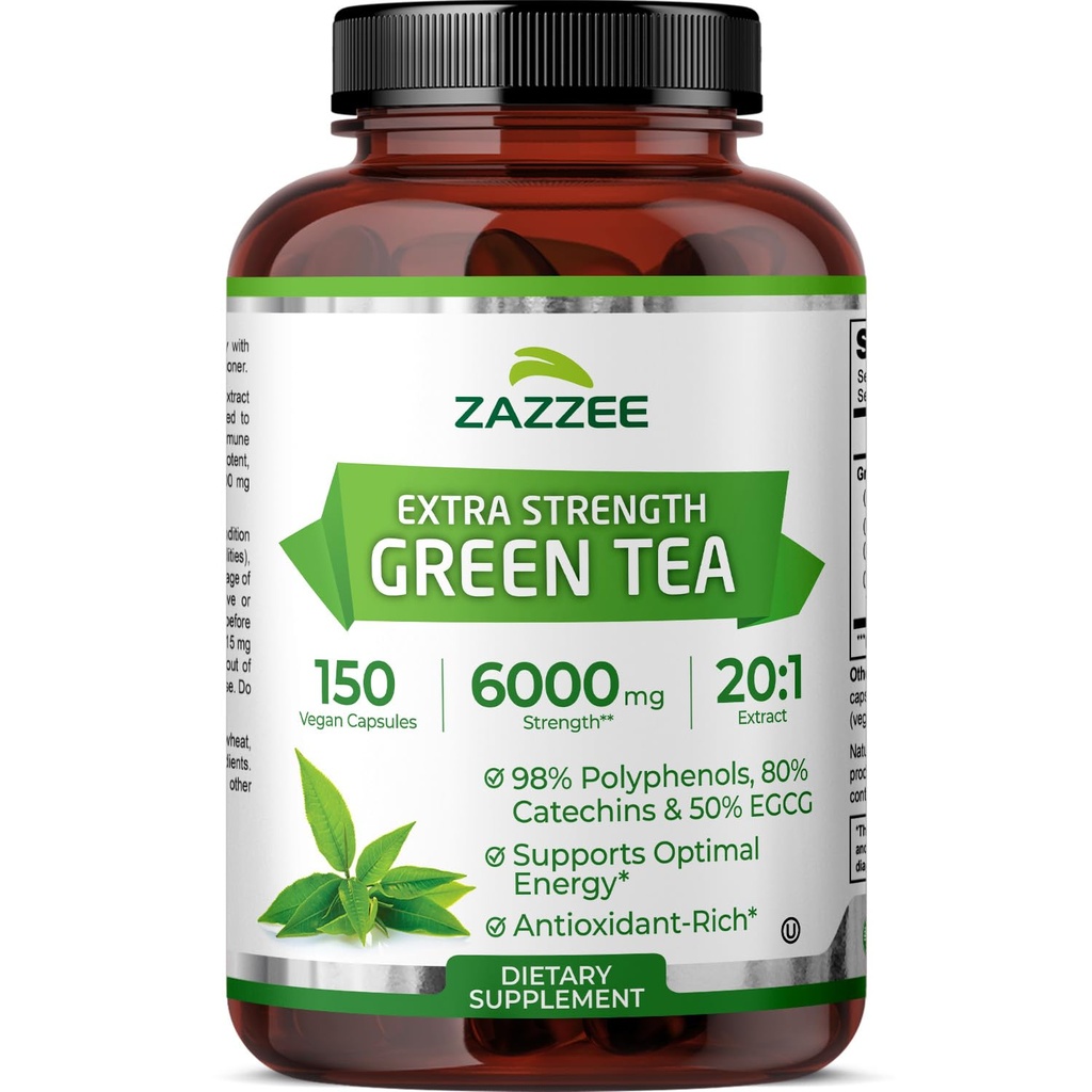 Zazzee Extra Strength Green Tea 20:1 Extract, 6000 mg Strength, 50% EGCG, 98% Polyphenols και 80% Catcehins, 150 Vegan Κάψουλες, 5 μήνες προσφοράς, Standardized και συμπυκνωμένη 20X δύναμη, μη ΓΤΟ