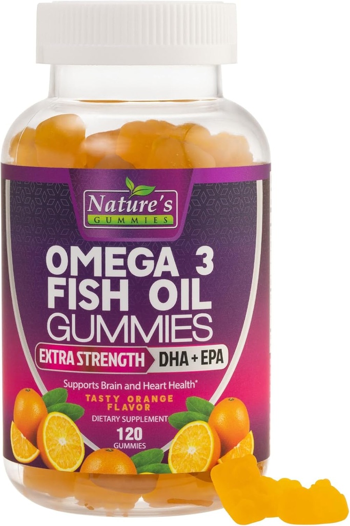 Ωμέγα 3 Gummy Omega Oil Gummies, Heart Healthy Omega 3 Gummy συμπλήρωμα με υψηλή απορρόφηση DHA & EPA, Extra Strength Joint & Brain Support, Delicious Orange Flavor Fish Oil Nature's Vitamin - 120 Gummies