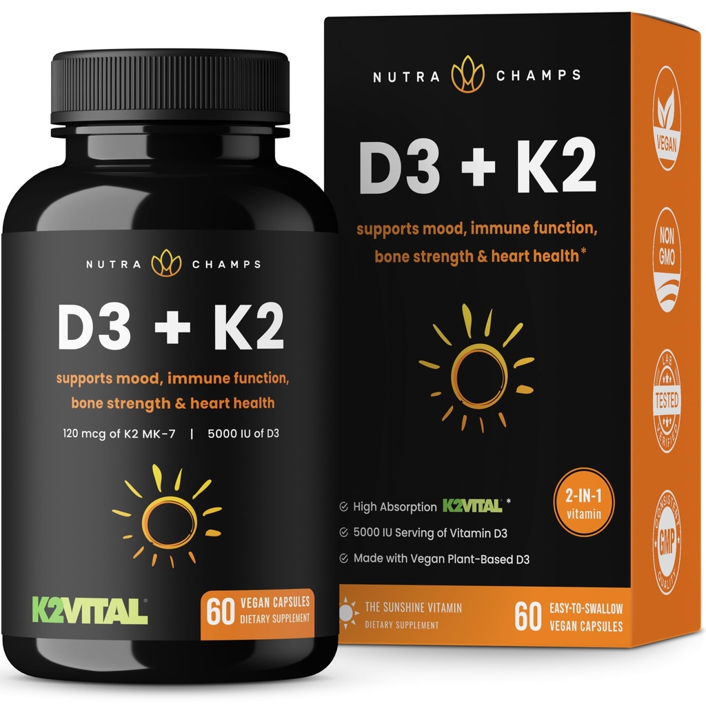 NutraChamps D3 με K2 MK7 συμπλήρωμα για την υγεία της καρδιάς & των οστών 