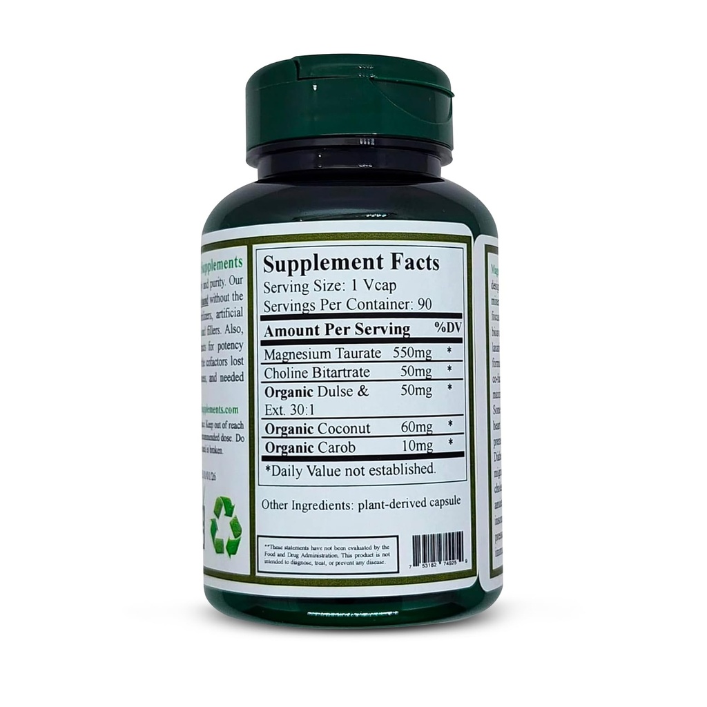 Magnesium Taurate, High Absorbable, 90, Non-GMO, Vegan, & Gluten Free, Made with Organic, Wild-Crafted, and Natural Ingredients (Single)