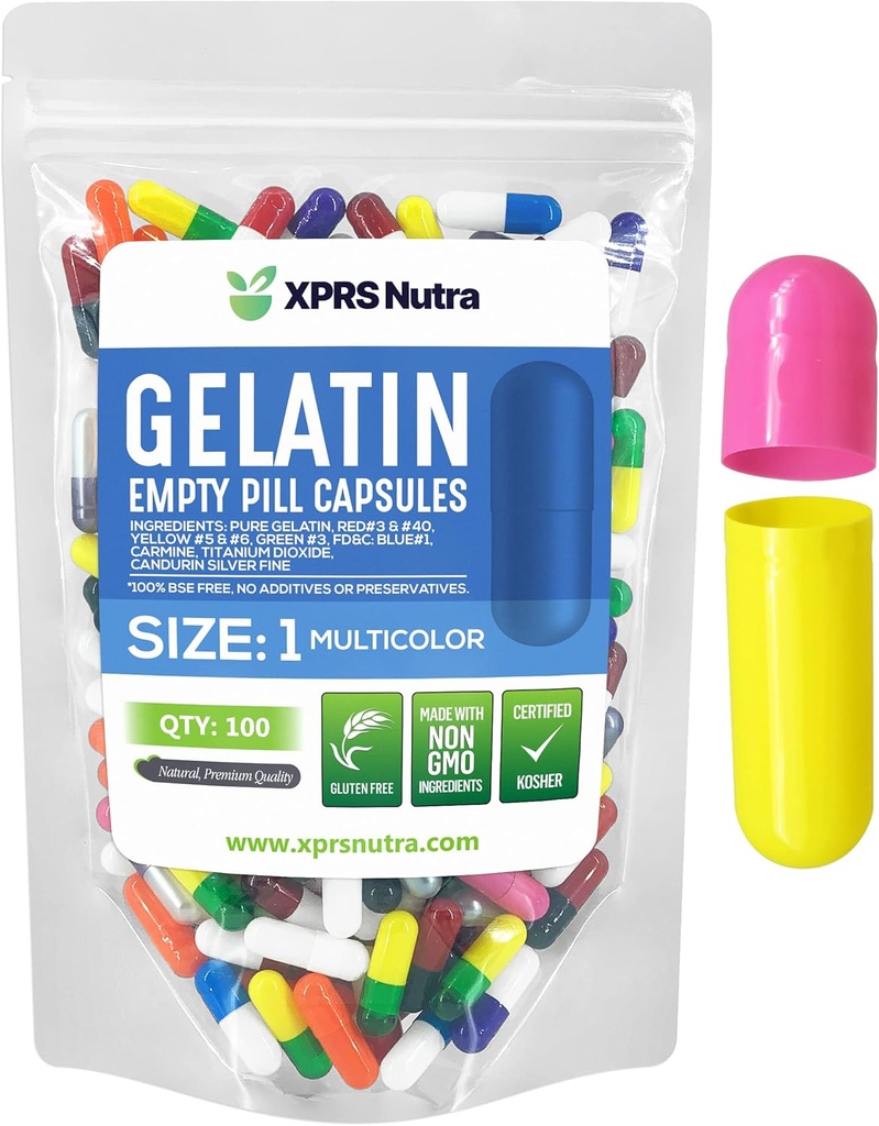 XPRS Nutra Μέγεθος 1 Κενές κάψουλες - 100 Count Empty Gelatin Κάψουλες - Χάπια για DIY Καψάκιο Γέμισμα - Pure Bovine Pill Caps Gel να γεμίσει με τα συμπληρώματά σας (Multi Color)