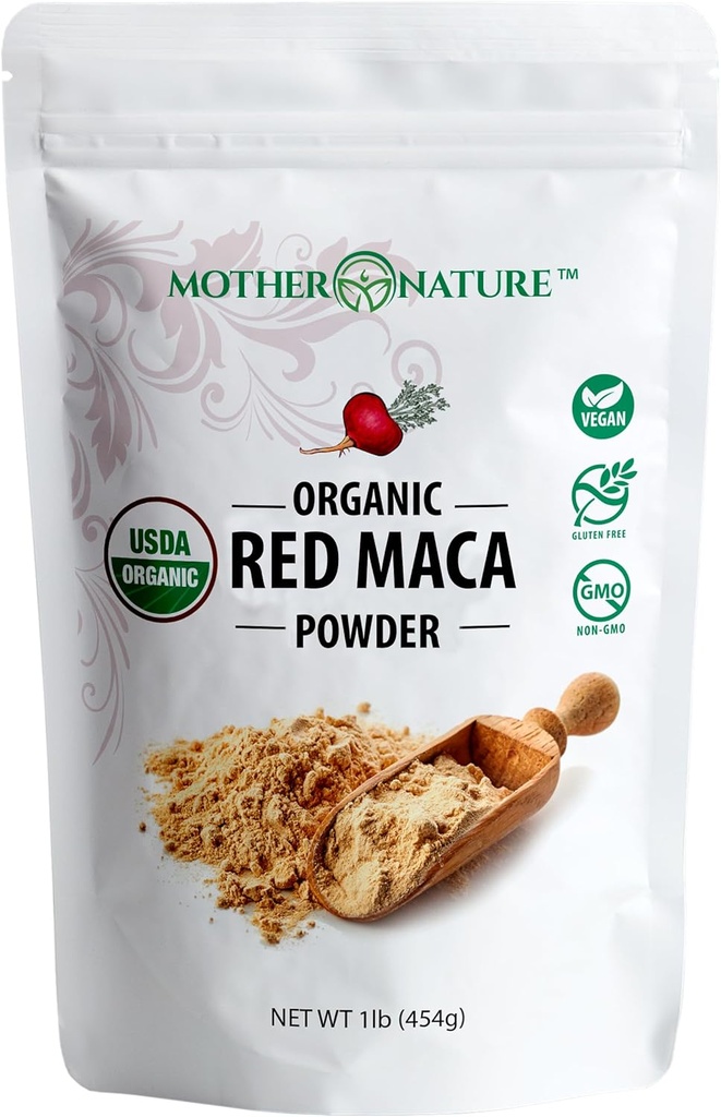 Organic, Raw Peruvian Red Maca Root Powder – Premium USDA Certified, Hormone Balance for Women, Natural Energy, Mood Support, Non-GMO, Vegan Superfood, 16 oz