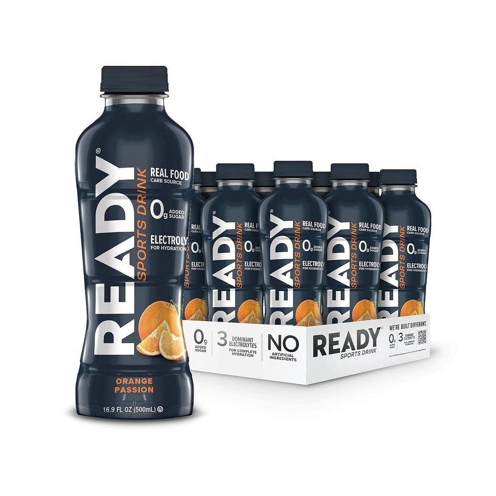 Ready® Sports Drink – Electrolyte Hydration με Super Carbs Φρούτων, Β Βιταμίνες & Όχι Προστιθέμενη Ζάχαρη – Καθαρή Ενέργεια για Αθλητές & Αντοχή – Χωρίς γλουτένη, Vegan, Kosher – Orange Passion (12-Pack)