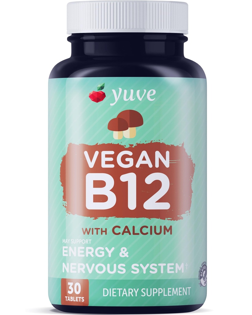 Yuve Vegan B12 με ασβέστιο για μέγιστη απορρόφηση - Active Energy & Central Neuric System Support - 1000mcg Cobalamin Vitamin B 12 - Φυσική, μη ΓΤΟ, Χωρίς γλουτένη, Χωρίς ζάχαρη - 30 Tabs