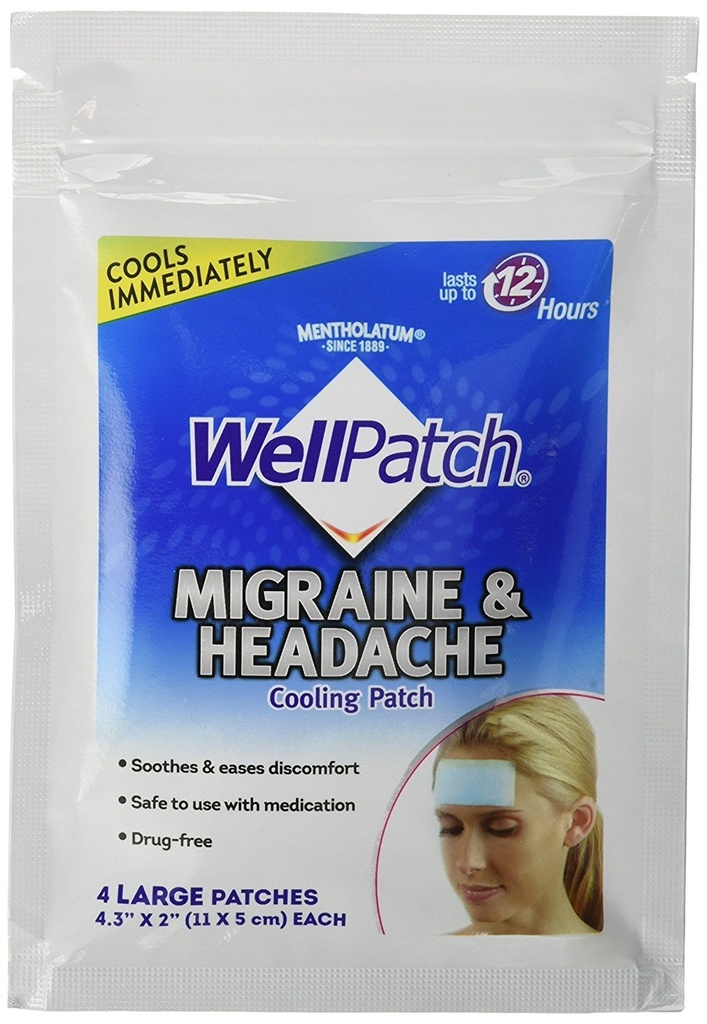 WellPatch Ημικρανία & Πονοκέφαλος Ψύξη Patch - Χωρίς φάρμακα, διαρκεί έως 12 ώρες, Ασφαλής στη χρήση με φαρμακευτική αγωγή - Μεγάλα Patches (4 Μεγάλα Patches), Κάθε 4,3 x 2 in