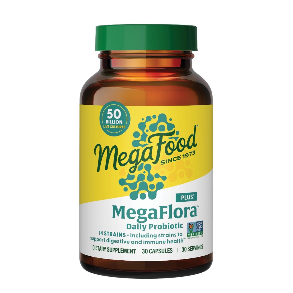 MegaFood MegaFlora Probiotic Plus - Προβιοτικά για γυναίκες και άνδρες Digestive Health- 50 δις CFUs & 14 Strains - Συμπλήρωμα Ανοσολογικής Υποστήριξης - Χορτοφαγικά - 30 Κάψουλες