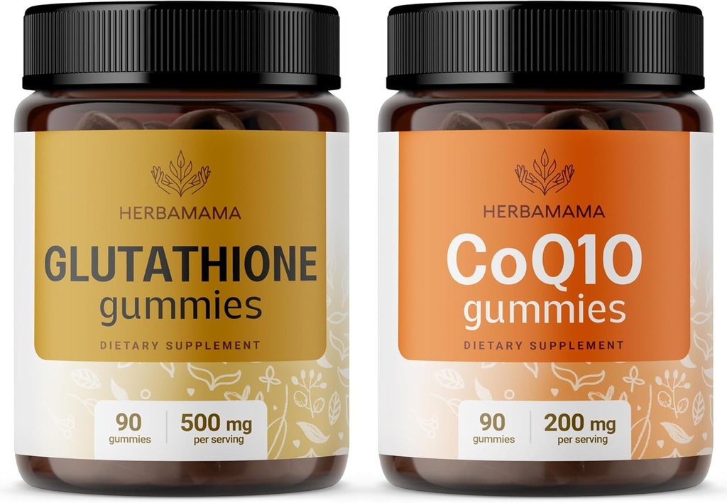 HERBAMAMA Glutathionone and CoQ10 Kit - Bundle 500 mg Μειωμένη L-Γλουταθειόνη και 200 mg CoQ10 Gummies - Vegan, Non-GMO, Gelatin- Free - 2 Pack