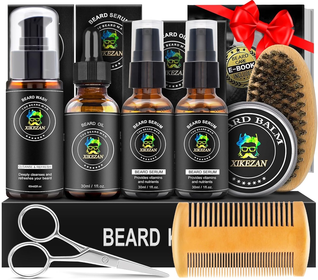 XIKEZAN Beard Kit για τους άνδρες Grooming & Care Set w/2 Pack Beard Serum, Wash, Oil, Balm, Comb, Brush, Ψαλίδι, Τσάντα, EBook, Μοναδικά δώρα γενεθλίων για τους άνδρες Αυτός ο μπαμπάς σύζυγος Αδελφός Χριστούγεννα Stuffers Κάλτσες