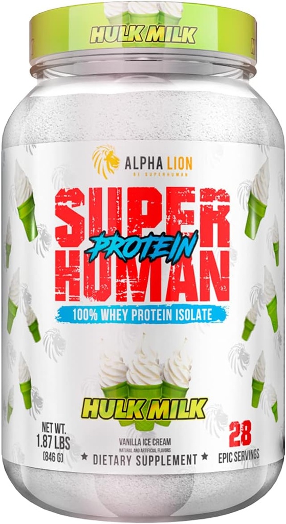 ALPHA LION Superhuman Whey Protein Powder, Great Tasting Pure Whey Protein Isolate, Low Carb, Low Sugar, No Bloat Post Workout, Mus Recovery & Growth (28 Servings, Hulk Milk)