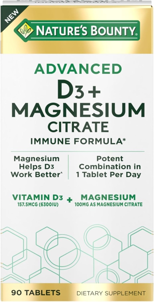 Nature’s Bounty Advanced Vitamin D3 with Magnesium Citrate Immune Formula, Supports Immune and Bone Health, 90 Tablets