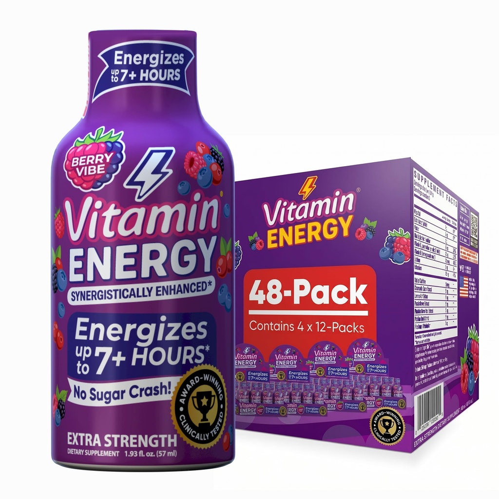 Vitamin Energy Mood+ Extra Strength Energy Shot Tropical Berry 48 Pack, 260mg Φυσική καφεΐνη, B-βιταμίνες, Rhodiola, Χαμομήλι, Mood & Ενεργειακή Υποστήριξη, Μηδέν Ζάχαρη, Χωρίς Γλουτένη, Vegan, 1.93 fl oz