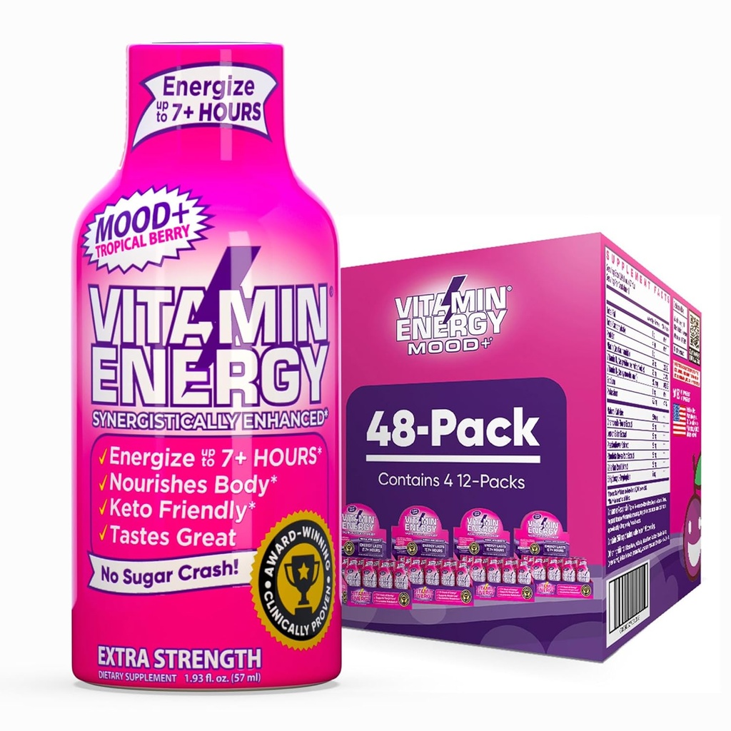 Vitamin Energy Mood+ Extra Strength Energy Shot Tropical Berry 48 Pack, 260mg Φυσική καφεΐνη, B-βιταμίνες, Rhodiola, Χαμομήλι, Mood & Ενεργειακή Υποστήριξη, Μηδέν Ζάχαρη, Χωρίς Γλουτένη, Vegan, 1.93 fl oz