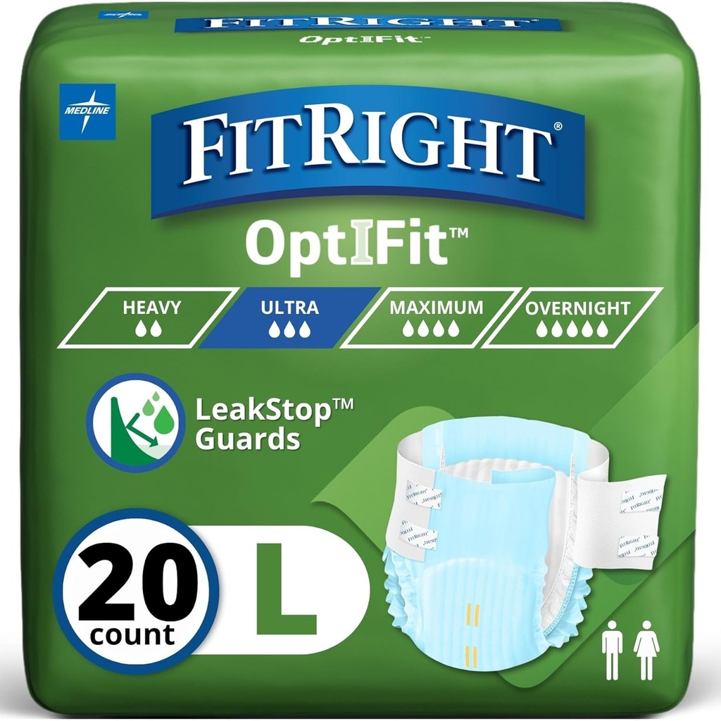 FitRight Adult Diaspers, Ultra Heavy Absorbency, L (Waist Size 44in-56in), 20 Count, OptiFit Incontinence Briefs for Men and Women, Disposable, Moisture-Wicking, Leak Protection,