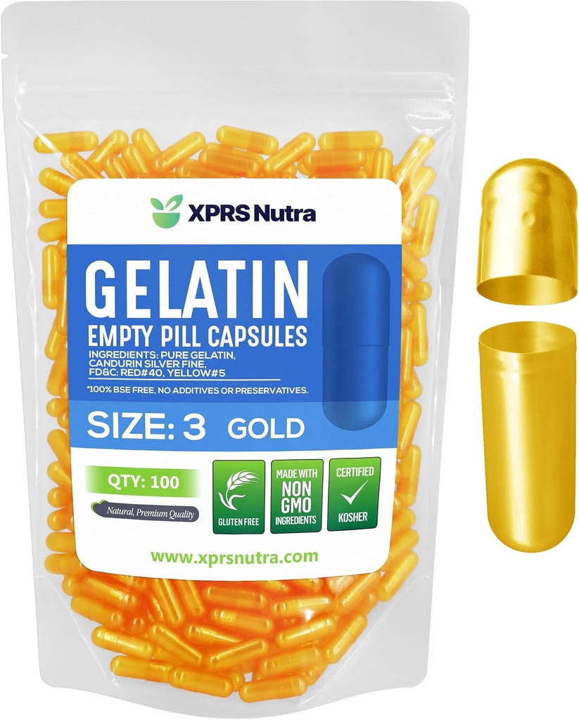 XPRS Nutra Size 3 Empty Capsules - 100 Count Empty Gelatin Capsules - Pills DIY Capsule Filling - Pure Bovine Pill Gel Caps Fillable for Do-It-Yourself Vitamins and Supplements (Gold)