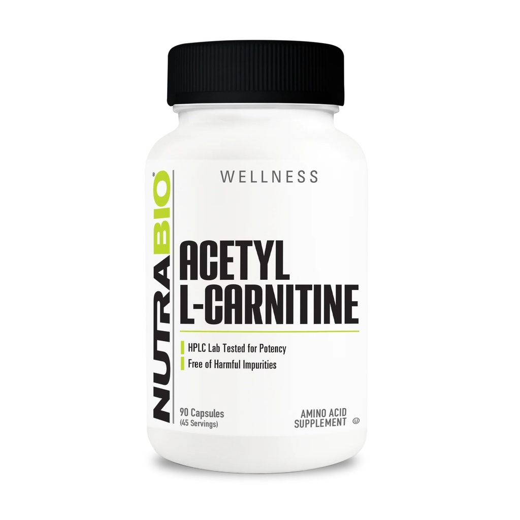 NutraBio Acetyl L-καρνιτίνη (ALCAR) συμπλήρωμα, 500mg - Υποστήριξη Φυσικής Ενέργειας Παραγωγή, Μεταβολική Διαχείριση, και Γενική Υγεία, 90 Κάψουλες