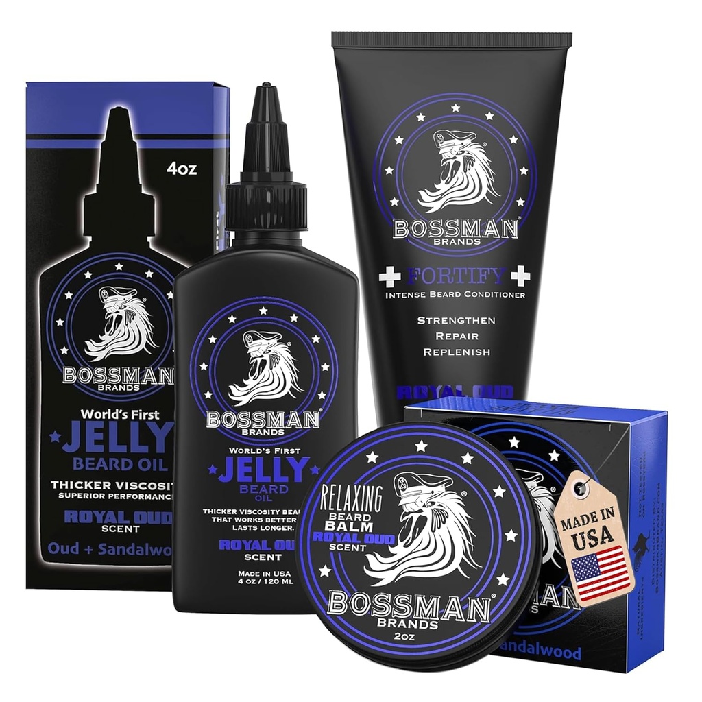 Bossman Essentials Beard Kit για τους άνδρες, σετ 3 - ζελέ ελαίου , οχύρωση Κρέμα Conditioner, Beard Balm - Grooming Growth Care Αξεσουάρ - Σετ δώρου για τους άνδρες (Βασιλικό Oud)