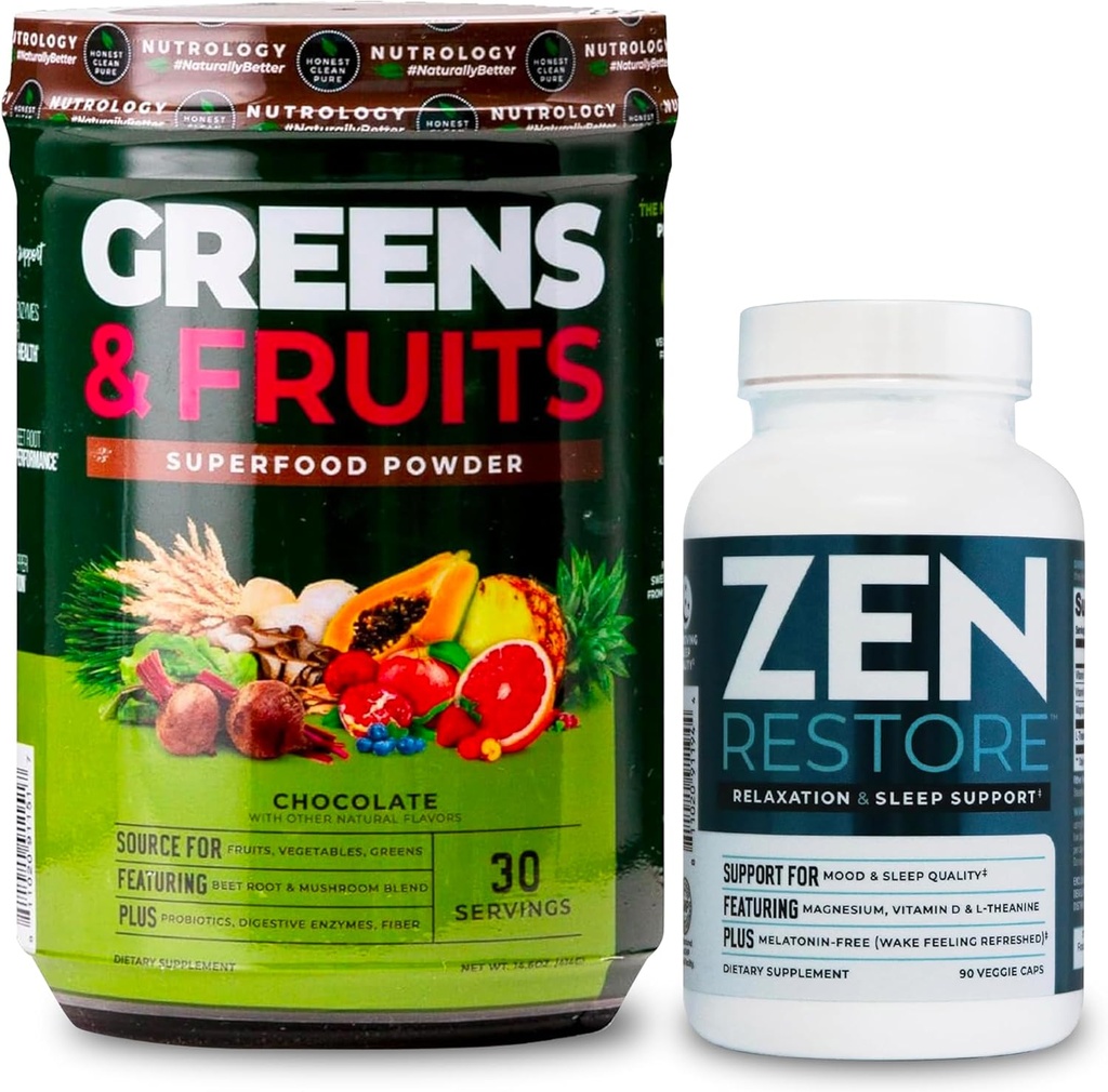 Nutrology Greens & Fruits Powder-Naturally Sourced Superfood, Chocolate (30 Servings) Zen Natural Magnesium Supplement (30 Servings)