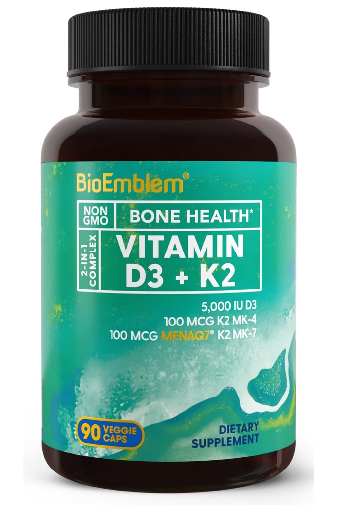 BioEmblem Βιταμίνη D3 K2 Κάψουλες (5000IU και 200mcg) - Πατενταρισμένο MK7 και MK4 για 3-σε-1 Complex Υποστήριξη - Χορτοφαγική Βιταμίνη D K2 συμπλήρωμα για δόντια, καρδιά, ανοσοποιητικό σύστημα - Μη-GMO, 90 Caps