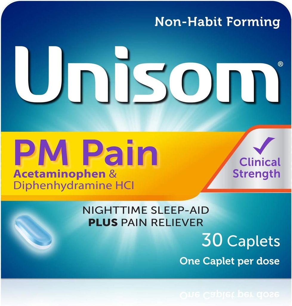 Unisom PM Πόνος νυκτερινός ύπνος + Πόνος Reliever, Acetaminophen & Diphenhydramine HCI, 30 Caplets, 50mg