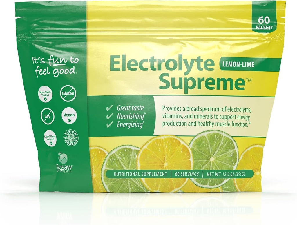 Jigsaw Health Electrolyte Supreme | Broad Spectrum of Electrolytes + Trace Minerals | Lemon-Lime Flavor | 60 Servings (Packets)