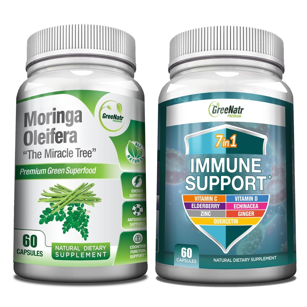 GreeNatr Energy Support & Immune Defense Bundle: Pure Moringa Oleifera Leaf Extract Veggie Caps (1000 mg) με 7- in- 1 Immune Support Formula for Energy, Mood, Memory, Focus